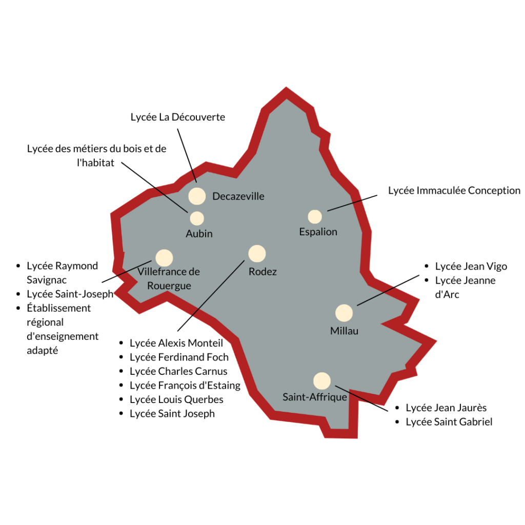 Carte de l'Aveyron avec la liste des établissements où intervient l'association